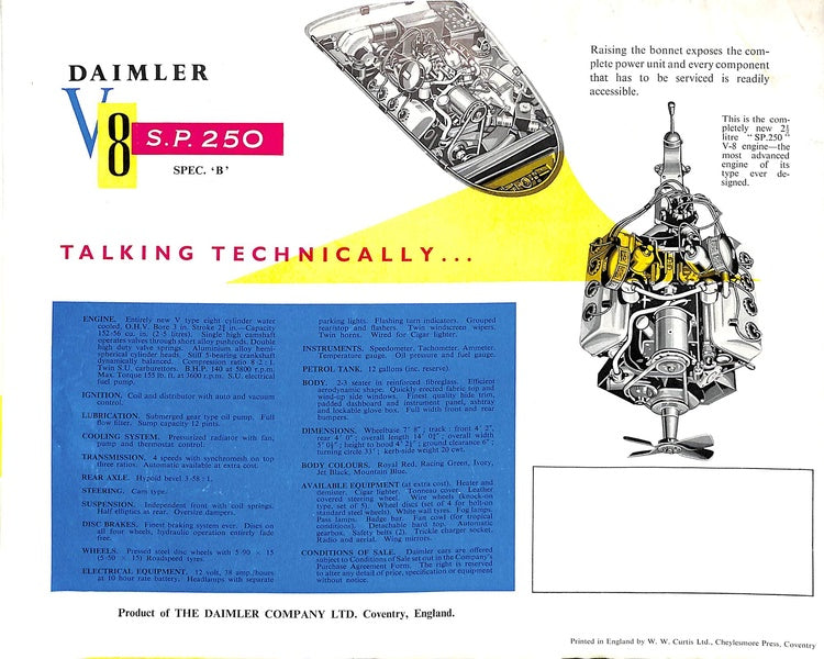 Daimler V8 SP250 Sports Foldout Brochure, #D59 1959 image 3