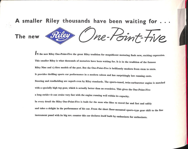 Riley 1.5 Foldout Car Sales Brochure, #D672 1957 image 1