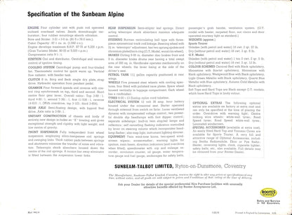 Sunbeam Alpine Series III Car Sales Brochure 945 H 1963 image 11