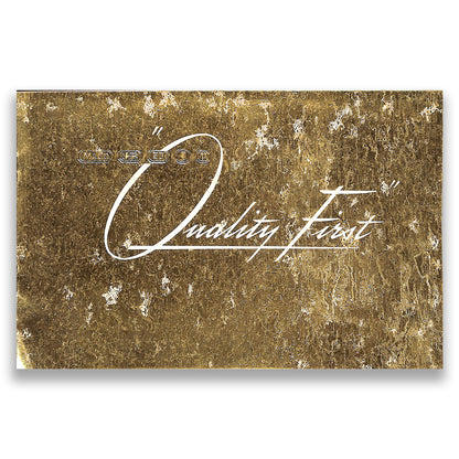 Gold textured background with 'Quality First' text